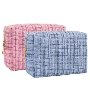 Imagem de 2 peças bolsa de maquiagem xadrez tweed bolsa de maquiagem para bolsa pequena bolsas de cosméticos para mulheres bolsa de maquiagem de viagem coisas estéticas (azul e rosa)