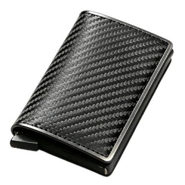 Imagem de Carteira com bloqueio de RFID de fibra de carbono – Suporte de cartão de crédito pop-up de metal fino para homens, design minimalista de liga de alumínio em preto, Preto, Tendência