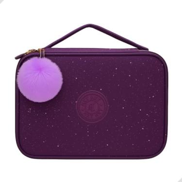 Imagem de Estojo Escolar Box Grande, com Pompom, Glitter, Alça e Zíper, 29 Elásticos para canetas, lapiseiras ou lápis | Volta as Aulas, Material Escolar, Papelaria Fofa Criativa 23x15cm (Roxo)