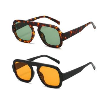 Imagem de Azoxus Óculos de sol quadrados retrô femininos e masculinos inspirados em design aviador, armação de plástico vintage, Pacote com 2 lentes amarelas/lentes verdes, Large