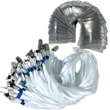 Imagem de 100 Cordão Porta Crachá Transparente Clips Garra Jacaré Poliéster Impermeável Lanyard (Branco)