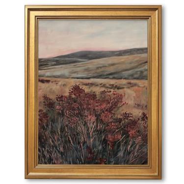 Imagem de Quadro de campo de flores silvestres marrom emoldurado em ouro vermelho temperamental paisagem pastoral impressão em tela pôster de imagem floral vintage rústico flor de fazenda natureza decoração de