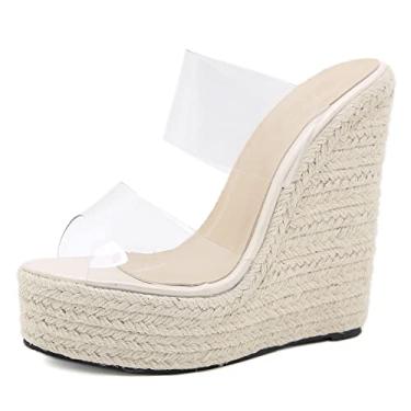 Imagem de LizFoYa Sandália feminina Peep Toe Espadrille plataforma salto plataforma Lucite com tiras duplas salto alto salto alto, Branco, 38