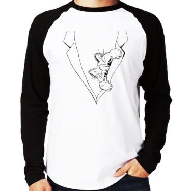 Imagem de Camiseta Raglan Gato no terno Manga Longa - Foca na Moda, Branco, Pret
