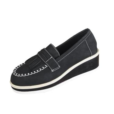 Imagem de Mocassins femininos com detalhe de borla e salto plataforma para uma opção de calçado casual confortável e elegante, Preto, 35