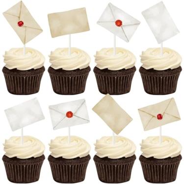 Imagem de Vintage Letter Envelope Cupcake Toppers, 48 Pieces, with Red Wax Seal Design for Magic Theme Birthday Party Christmas Holiday Celebration Cake Decorations