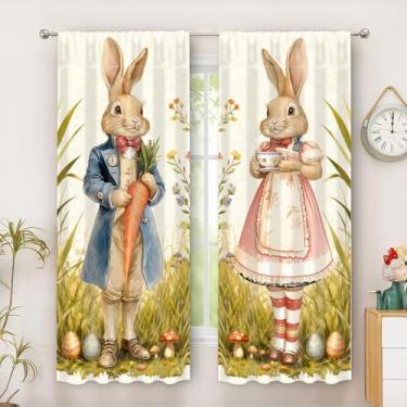 Imagem de Cortina de cozinha de Páscoa, 2 painéis retrô personalizado padrão coelho cortinas longas, decoração de casa de fazenda para sala de estar, quarto, janelas, 140 x 61 cm
