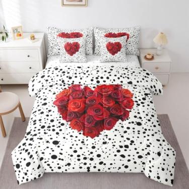 Imagem de Erosebridal Conjunto de edredom Queen com 7 peças, flores vermelhas e flores vermelhas em uma bolsa, conjunto de cama preto e branco com edredom, lençóis, fronhas, decoração de quarto de dia dos