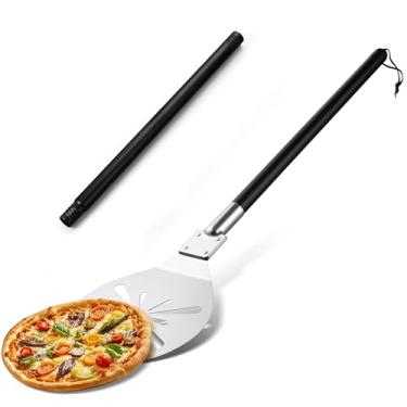 Imagem de HaSteeL Casca de pizza, casca de pizza de 23 cm, espátula de pizza para assar, grelhar, espátula de pizza perfurada leve com alça longa removível para girar, acessórios de forno de pizza