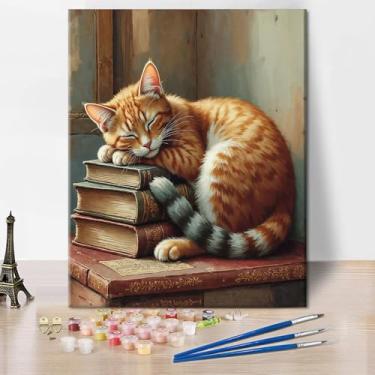 Imagem de TUMOVO Kits de pintura por números para adultos em tela, um gato cochilando ao lado de um livro, pintura por números, kits de pintura por números para adultos, kits de artesanato DIY, decoração de