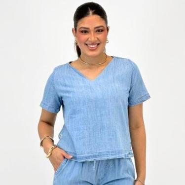 Imagem de Blusa Malwee Manga Curta em Jeans Gola V Feminino-Feminino