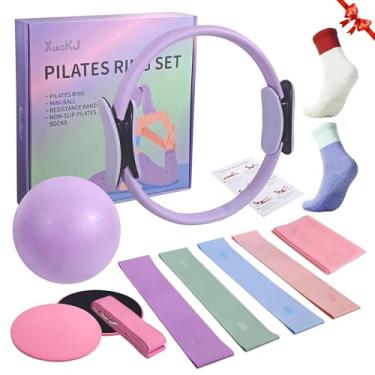 Imagem de XiaoKJ Kit de pilates em casa para mulheres conjunto de anel e bola de pilates argola círculo mágico com 4 faixas de resistência de silicone compacto tonificação fitness Essentials conjunto iniciante