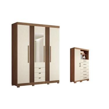 Imagem de Guarda Roupa Solteiro com Cômoda Santos Andirá 4 Portas 9 Gavetas MDP com Espelho Jatoba-Areia