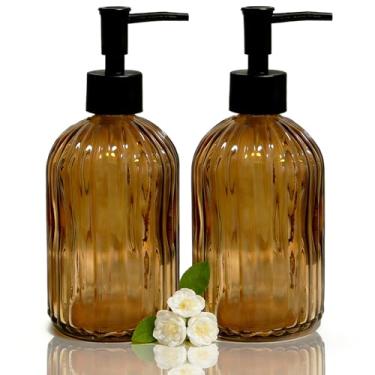 Imagem de Dispensador de sabonete para mãos listrado, dispensador de sabão de vidro marrom de 382 g com bomba de plástico preto, elegante dispensador de líquido de bancada recarregável para cozinha, banheiro