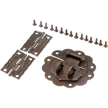 Imagem de Fecho de fivela de ferrolho retrô antigo, trava de fivela em ziguezague bronze + 2 peças de dobradiças decorativas de armário ferragens de móveis vintage para joias e caixas de madeira