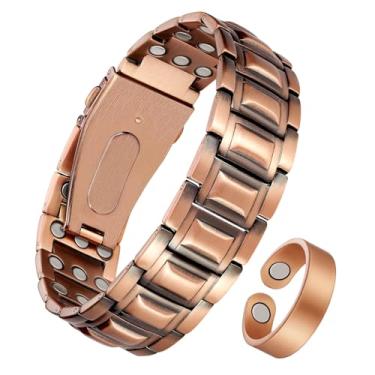 Imagem de Jeracol Pulseira magnética de cobre para homens, pulseira magnética masculina com 3 ímãs ultra fortes (3800 gauss cada), pulseira exclusiva com fecho dobrável com ferramenta de ajuste e caixa de
