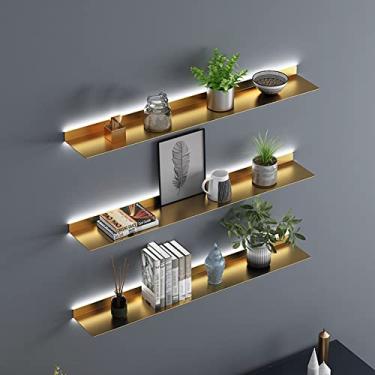 Imagem de HHHJQFAAT Prateleiras flutuantes montadas na parede com luz LED prateleiras de exibição de metal criativas, para quarto, cozinha, banheiro, fácil de instalar, 1 peça (ouro 120 x 15 x 6 cm)