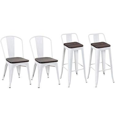 Imagem de Loft7, Kit 2 cadeiras + 2 banquetas altas Tolix com encosto e assento de madeira rústica escura Kit Branco