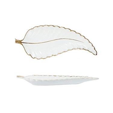 Imagem de Prato de frutas, conjunto de pratos de cerâmica banhado a ouro, bandeja de joias com design de folha de salgueiro da moda, acessórios de mesa, prato de frutas Dim Sum, prato de jantar, branco