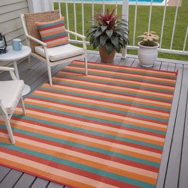 Imagem de PureCozy Tapete de pátio à prova d'água para uso externo, 12 x 20 cm, de plástico, reversível, laranja, vermelho, colorido, listrado, leve, grande, para acampamento, trailer, varanda, varanda, praia