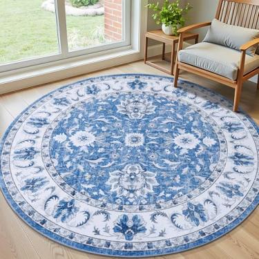 Imagem de Smiry Tapete floral, estampa vintage redonda de 1,8 x 1,8 m, lavável na máquina, tapete antiderrapante para sala de estar, quarto, sala de jantar, lavanderia, decoração de casa interna, azul
