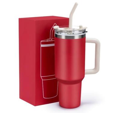 Imagem de ROMANTIC CROWN Copo Térmico Inox Portátil1.2l/1200ml com Tampa e Canudo Garrafa Térmica de água À prova de vazamentos(Vermelho-1200ml)