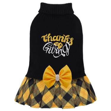 Imagem de CuteBone Vestido suéter de Ação de Graças para cães pequenos, menina, bordado de Ação de Graças, gola rolê, suéter médio para cachorro com gravata borboleta, roupas para animais de estimação Chihuahua