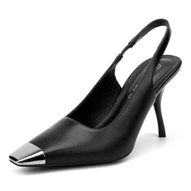 Imagem de BUEUPU Sapato social feminino com salto gatinho de 7 cm, confortável, bico fechado, sapato social feminino, Boné preto PU, 36