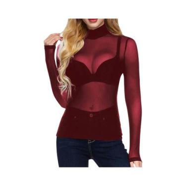 Imagem de Camiseta Feminina Preta Ultra-Fina De Malha Com Manga Longa, Top Sexy 