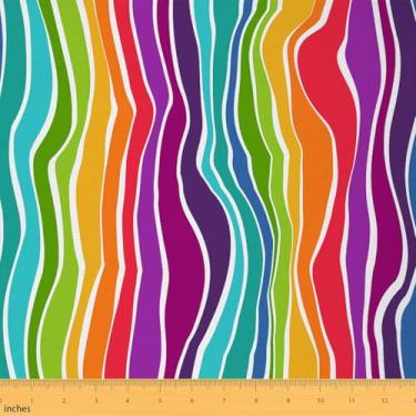Imagem de Tecido listrado arco-íris por jarda, tecido decorativo linha ondulada aquarela, arte abstrata moderna colorida interior e exterior, decoração de quarto de crianças adolescentes artesanato DIY, 1 jarda