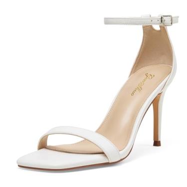 Imagem de GENSHUO Sandálias femininas de salto alto elegantes com tiras stiletto salto alto 7,6 cm, bico aberto, tira no tornozelo, fivela, sexy, formatura, casamento, vestido de casamento, envoltório no