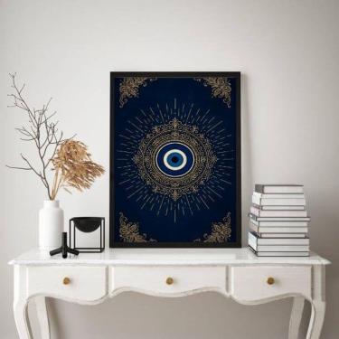 Imagem de Quadro Mistico Mandala Olho Grego - Azul Dourado 33X24Cm