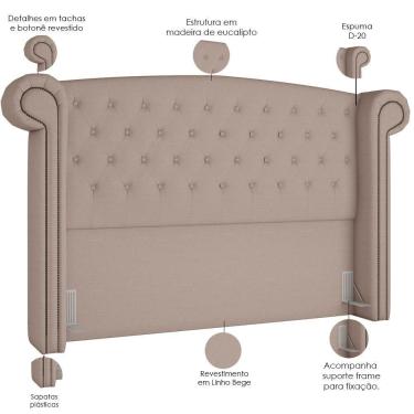 Imagem de Cabeceira Cama Box Queen Com Tachas 160 Cm Sofia P05 Linho Bege Areia