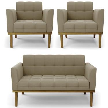 Imagem de Sofá Namoradeira E 2 Poltronas Base Madeira Castanho Ana Suede Marrom Rt - Ibiza