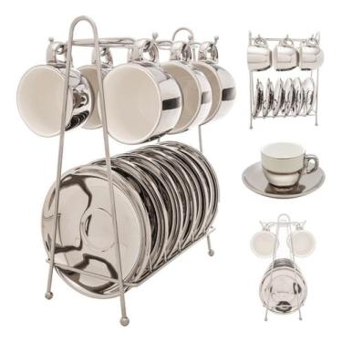 Imagem de Cj 6 Xicaras Cafe Porcelana Pires Suporte Branco/prata Wolff Cor Prate