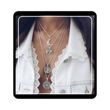 Imagem de DoubleNine Colar longo multicamadas de declaração 4 camadas hippie boêmio círculo gotas vários fios colar em camadas para mulheres