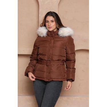 Imagem de Jaqueta Feminina Puffer com Cinto e Capuz Peluciado Forrada COR:MARROM