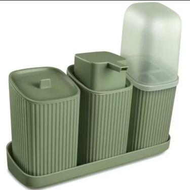 Imagem de Kit Banheiro 3 Peças com Bandeja Dispenser 400ML Porta Algodão Escovas e Sabonete Líquido para Organização e Decoração