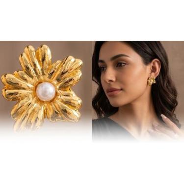 Imagem de Brinco Feminino Aço Inox Luxo Pérola Flor Antialérgico Banho Ouro - MS
