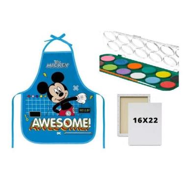 Imagem de Kit Avental Escolar PVC Mickey Azul + Tela de Pintura 16x22 + Guache 1