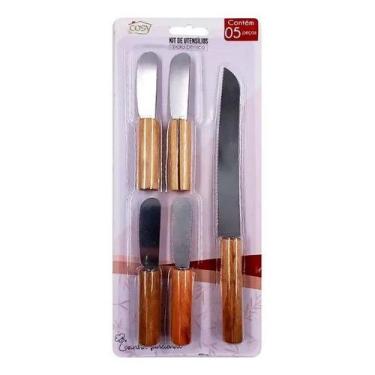 Imagem de Kit Utensílios P/ Petiscos 5 Peças Em Aço Inox E Bambu - Cosy, Espátul