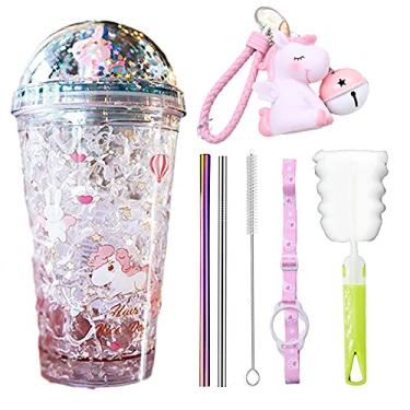 Imagem de seelucky Copo de viagem infantil unicórnio com canudo copo de gelo congelador caneca gelada para piquenique festa aniversário (gel unicórnio coelho, 430 ml)