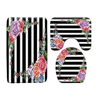 Imagem de Tapete de banho de flores e pássaros com fundo de listras pretas e brancas tapetes de banheiro conjunto de 3 peças tapete de banho tapete higiênico produtos de banheiro, 4943L, 400MMx600MM