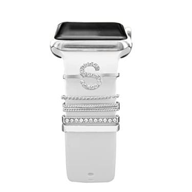 Imagem de ALMNVO Pacote com 5 pulseiras de silicone anéis decorativos Compatíveis com Apple Watch Charms 38/40/41/42/44/45mm,pingentes de diamante de metal para iWatch Series 7 6 5 4 3,acessórios para tiras