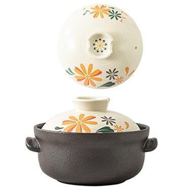 Imagem de Caçarola de cerâmica com tampa, panela de argila estilo japonês panela de sopa redonda panelas de cerâmica resistentes ao calor, para cozinha e cozinhar, forno, máquina de lavar louça e micro-ondas, flor, 2,0L