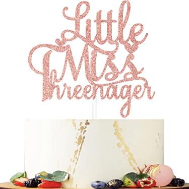 Imagem de Topo de bolo Little Miss Threenager, decoração de festa de aniversário de 3 anos para bebês meninas, torcida até três anos, suprimentos de decoração de bolo de feliz 3º aniversário ouro rosa
