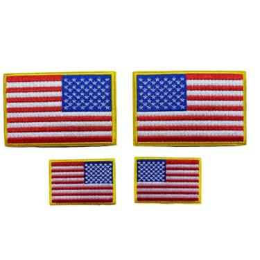 Imagem de 4 apliques de bandeira americana – Conjunto de adesivos de chapéu regular e invertido EUA tamanho 4,4 cm x 3,2 cm e 7,6 cm x 5 cm com borda dourada – apliques para bonés de beisebol, chapéu, uniforme, mochila, jeans