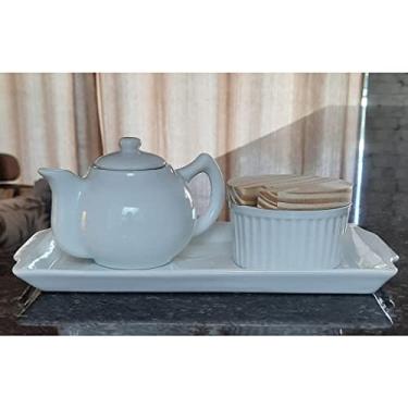 Imagem de Jogo Café e Chá, Bandeja + Bule Chaleira 400ml + Açucareiro Ramequim 250ml - Porcelana Branca