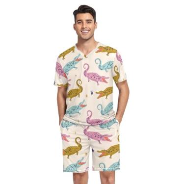 Imagem de KLL Conjunto de pijama masculino bonito crocodilo bege pijama de duas peças pijama de manga curta com bolsos, Crocodilo fofo bege, Small