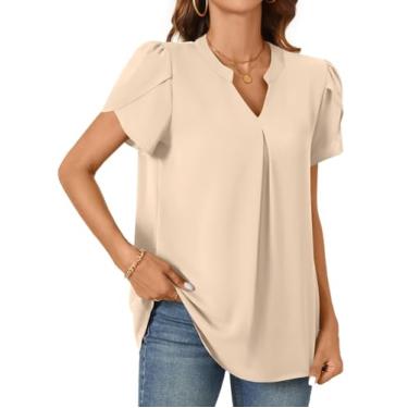Imagem de Camisetas femininas de chiffon de verão blusas casuais pétala elegante camiseta túnica manga curta gola V tops, Caqui, XXG